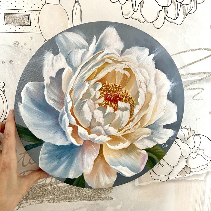 Картина маслом “Белый пион”