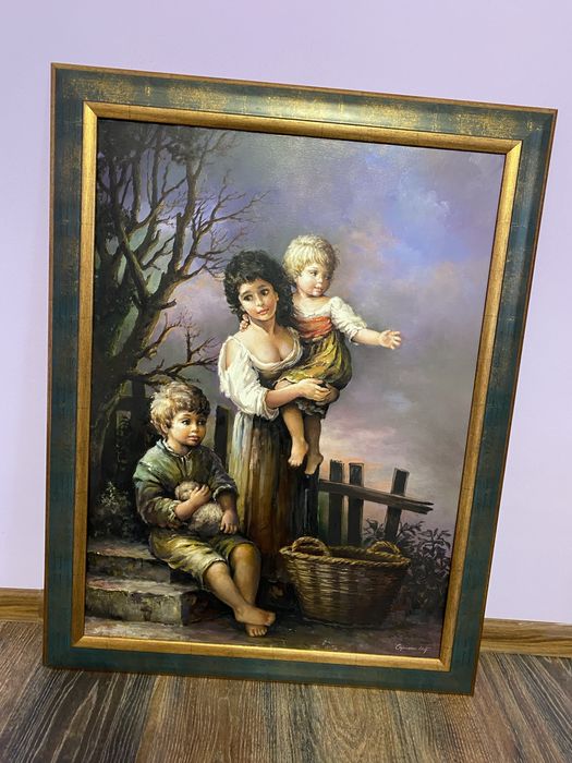 Tablou pictura ulei pe panza semnat : fata si copii
