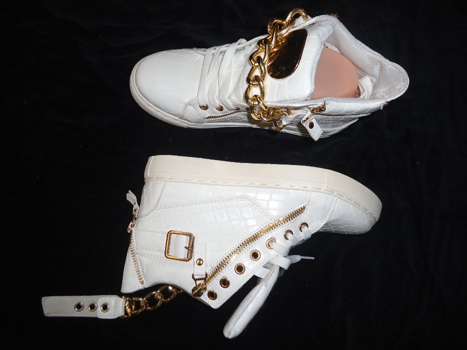 Sneakers albi dama botine albe piele eco ghete lanturi aurii