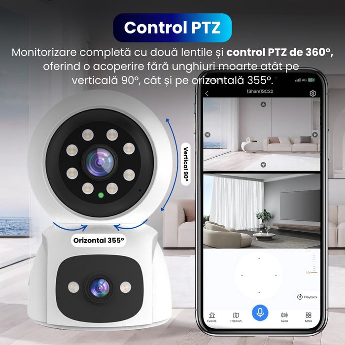 Baby monitor cu camera, 2 lentile si control PTZ 360°