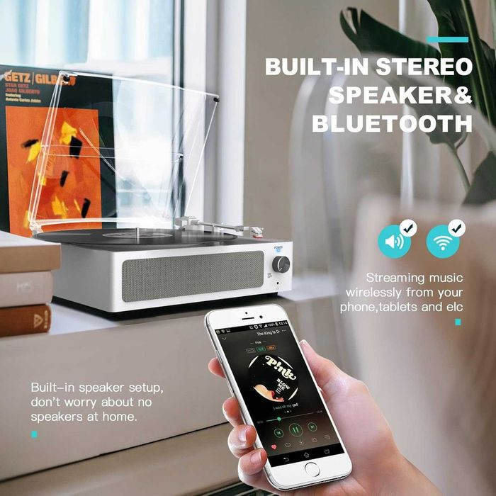 Грамофон за винилови плочи с вградени високоговорители-Бял-Промо