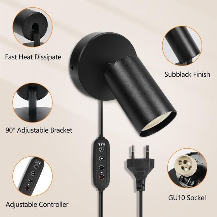 Set 2 Aplice Spot GU10 Negre cu Ștecher și Dimmer HOTUT
