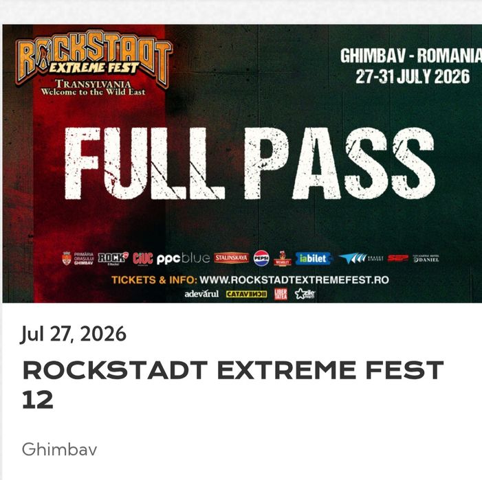 Bilet festival Rockstadt 2026 full pass.  Pret 1100 lei.