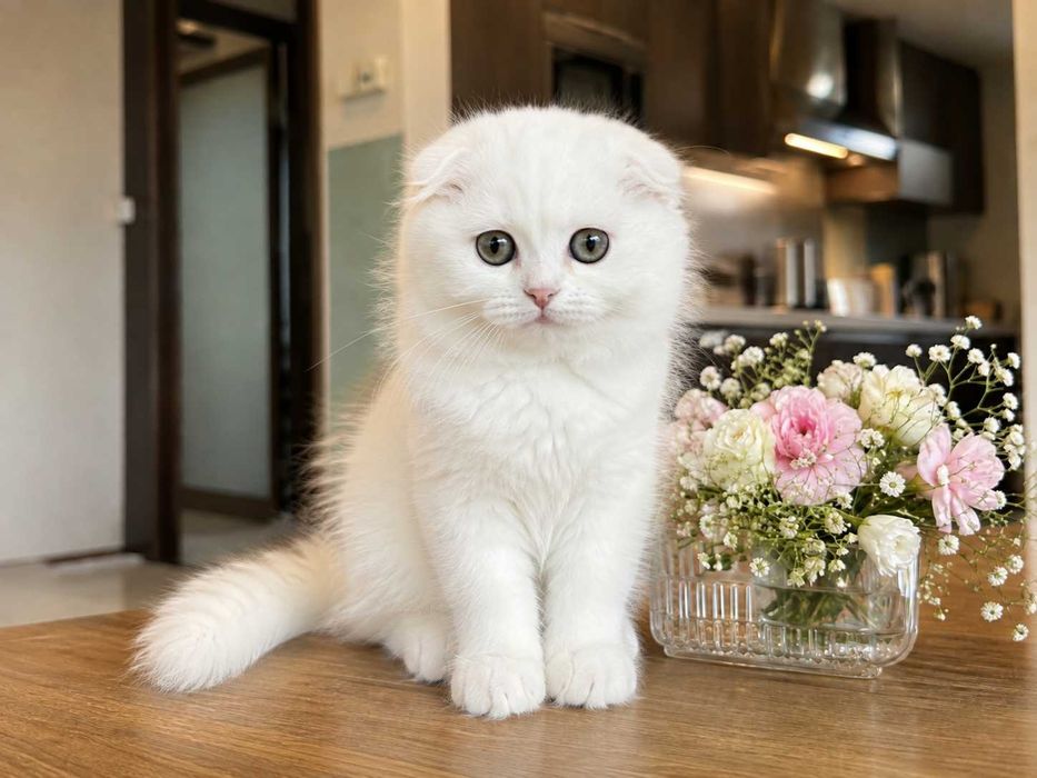 Pisicuță albă Scottish Fold Longhair, cu Pedigree