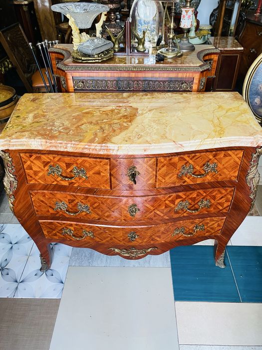 Comoda  Vintage Marmura Lemn Masiv Bronz Intarsii Baroc Louis XV Antic