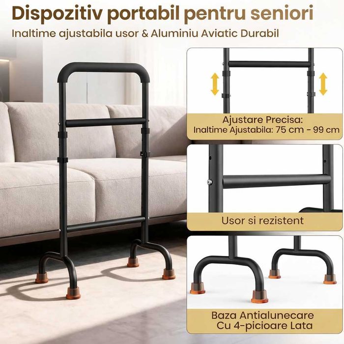 Cadru de mers reglabil din aluminiu, 75x99cm, antiderapant, suport mobilitate pentru varstnici