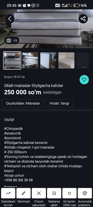 Matras/sifat kafolatlangan/tez yetkazish. Ortopedik, anatomik, porolon