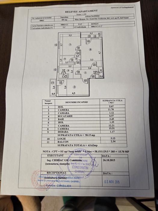 Proprietar vând apartament cu 3 camere în zona centrală