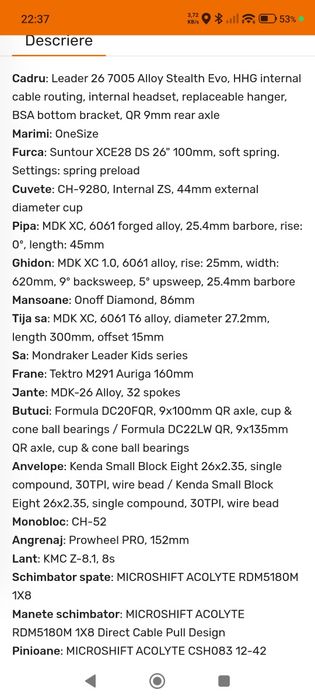 Vând bicicleta de copii, Mondraker Leader 26