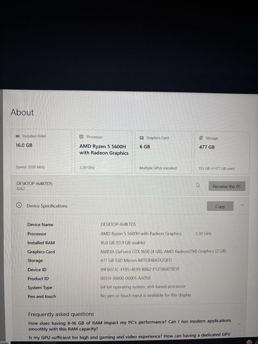 Laptop Gaming Lenovo IdeaPad – Stare nouă, Ryzen 5, 16GB RAM, GTX 1650