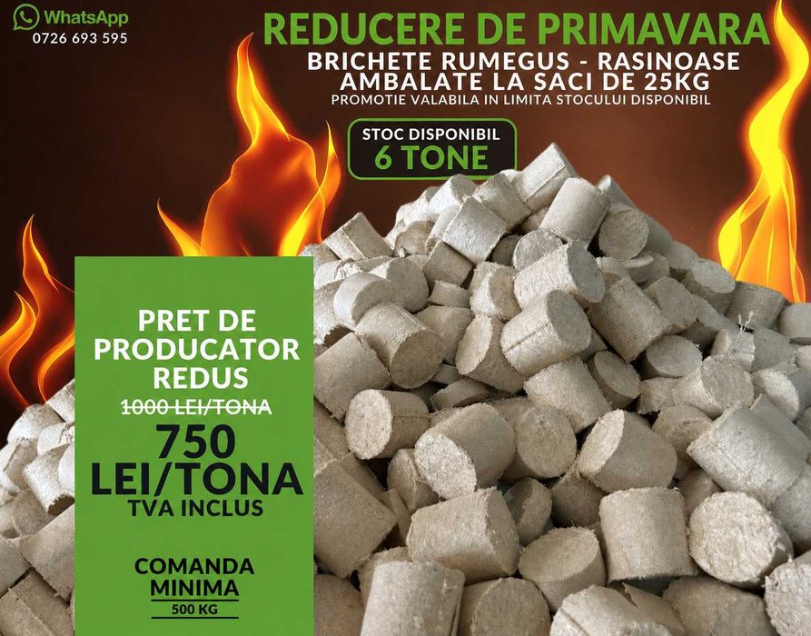 PROMO Brichete Rumegus Rasinoase –ambalate la saci de 25kg  PRET/ TONA
