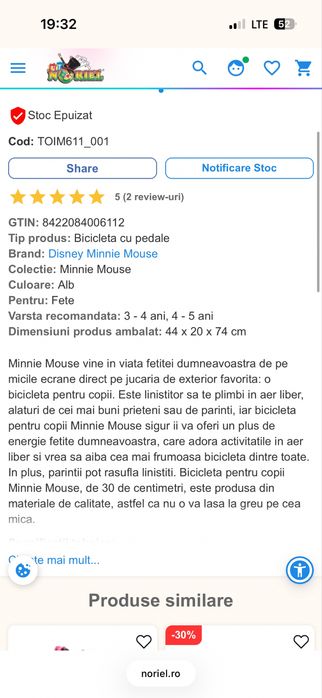 Vand bicicleta Minnie cu roti ajutatoare ,achizitionata din Noriel
