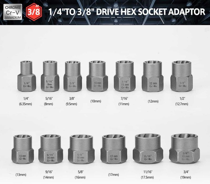 Set Extractoare Suruburi 14 PieseChromeMolibden,Adaptor 1/4 la 3/8 Hex