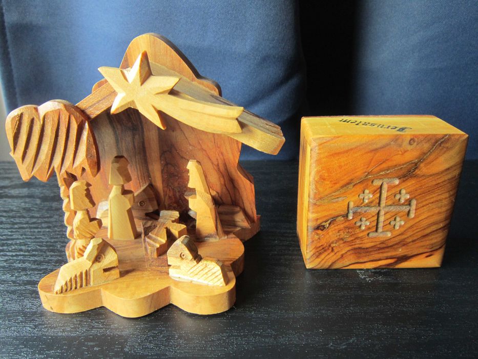 Craciun cadou rar Ierusalim 1980 Scena Nasterii + cutie lemn maslin