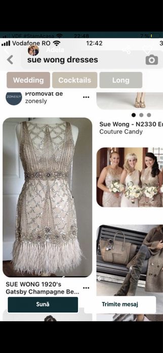 Rochie eleganta aurie Sue Wong , impecabila . XS-S