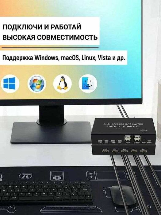 USB HDMI KVM Switch свитч переключатель  4-1 свитчер  выносной кнопкой