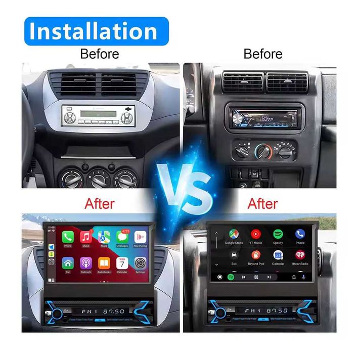 1 DIN Мултимедия 7" – CarPlay, Android Auto, 4 GB, 64 GB, Android 14