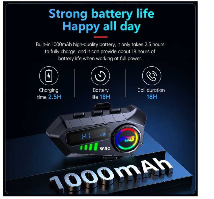 Комплект 2 бр. Bluetooth интеркоми за каска 6.0, CVC DSP шумопотискане, LED дисплей, IPX6, 1000 mAh