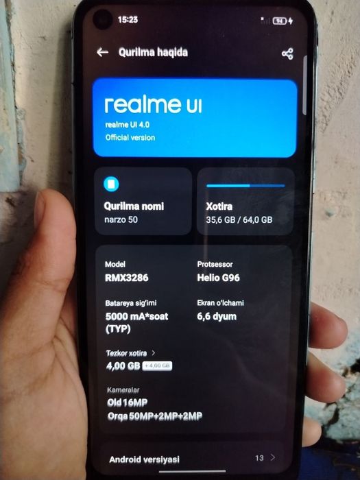 Sotiladi: Realme Narzo 50

Xotira: 4/64 GB (4+4 virtual RAM)
Holati: i