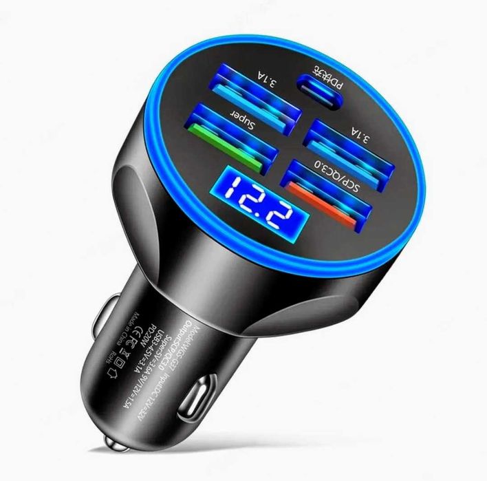 Încarcator telefon auto 12V 4 porturi USB 1 Tip C Afisaj Voltmetru Nou