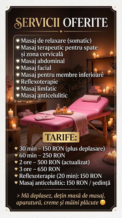 Masaj profesional de relaxare , reflecxoterapie ,fizioterapie ,drenaj linfatic,  la domiciliu sau hotel.