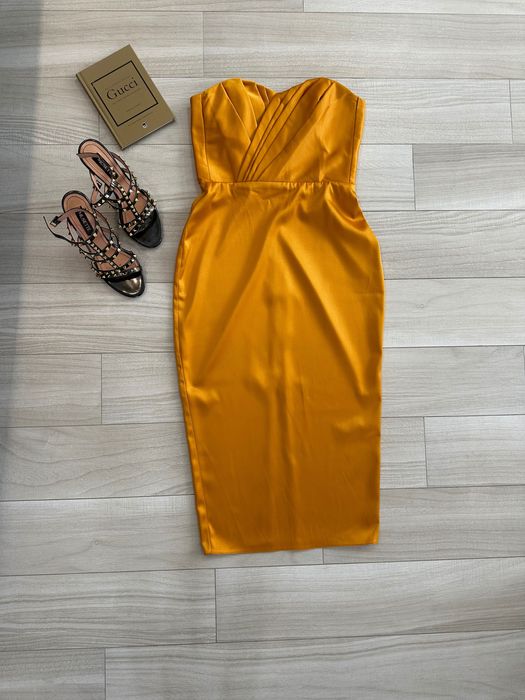 Rochie corset midi galben muștar cu mâneci detașabile