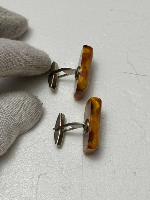PERECHE BUTONI cu CHIHLIMBAR Baltic - Mari - 3x2 cm - Vintage !