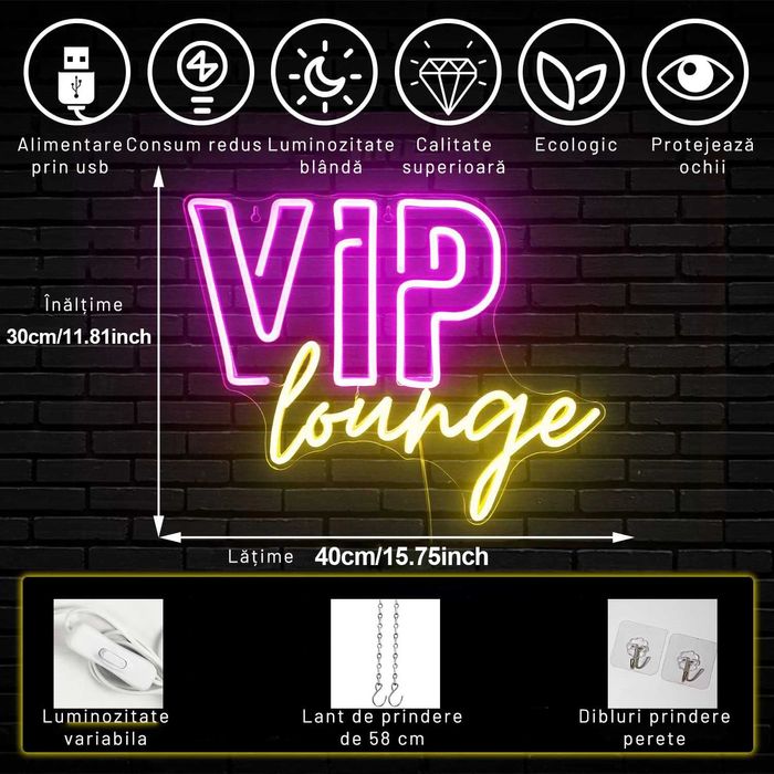 Panou Neon LED „VIP lounge” roz/fucsia si galben cald, 40x30cm Temark®