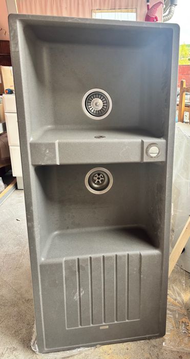 Chiuvetă granit mare 2 cuve + scurgător, gri, stare foarte bună