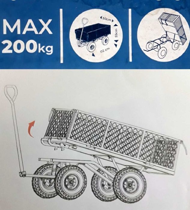 Cărucior pentru grădină cu 4 roti, sarcina maximă 200 Kg, sistem de basculare NOU - 390 Lei