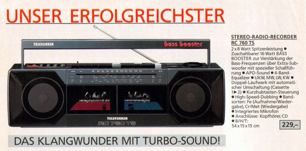 Ретро Стерео Радиокасетофон Telefunken RC 760 TS с Bass Booster – Немска Мощ