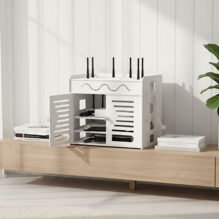 Органайзер шкаф за Wi-Fi рутер и кабели – 3 нива, бял дизайн