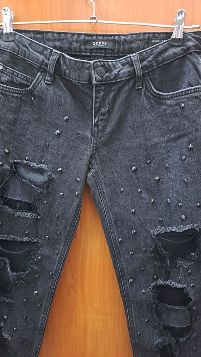 Черни дънки Guess Merilyn 3 Zip Skinny Low с капси и накъсани детайли