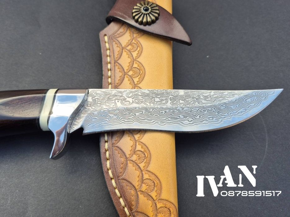 Японски ловен нож-дамаска стомана-VG10-кожена кания
