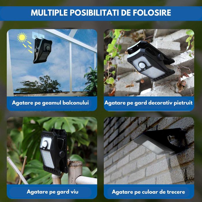 Lampa solara cu 3 moduri, clips de agatare sau suruburi, 300 lumeni