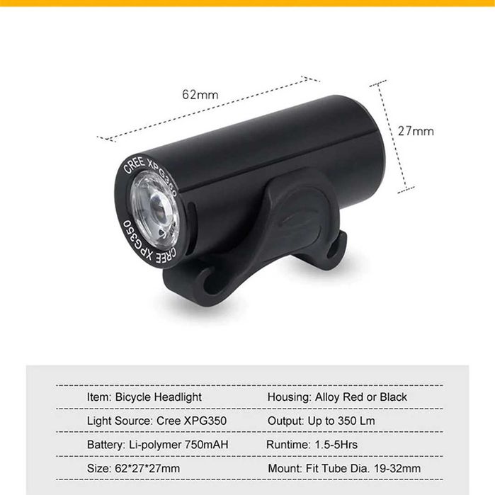 Предна LED светлина за велосипед RAYPAL – 350 lum, USB, Алуминий, 53g