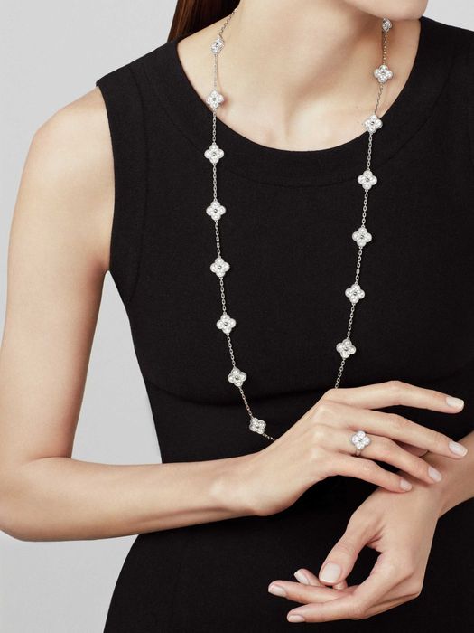 Van Cleef & Arpels VCA Silver Diamond Alhambra Clover Дамски Пръстен