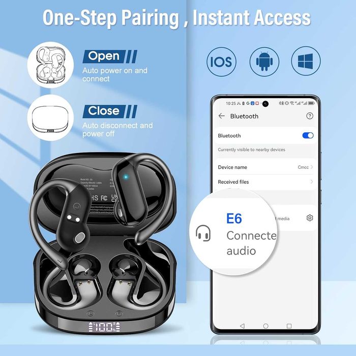 Безжични Bluetooth 5.4 слушалки с отворени уши и кукички за уши, 32H HiFi стерео слушалки