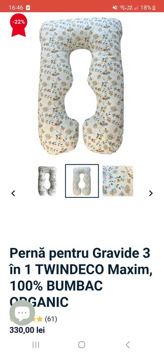 Pernă pentru Gravide 3 în 1 TWINDECO Maxim, 100% BUMBAC ORGANIC