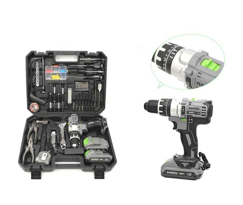 Акумулаторен ударен винтоверт 24V с инструменти и 2 батерии HAWEK