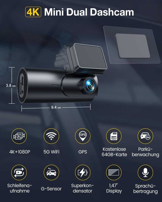 Camera auto GKU 4K+1080P față/spate cu card SD de 64GB, GPS WiFi 5GHz, cameră auto IPS de 1.5” cu monitorizare a parcării, vedere nocturnă superioară