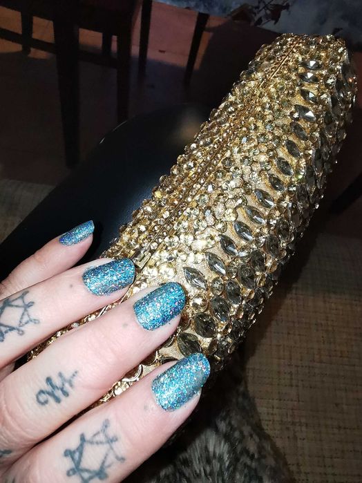 Geanta de mana, clutch cu cristale, auriu