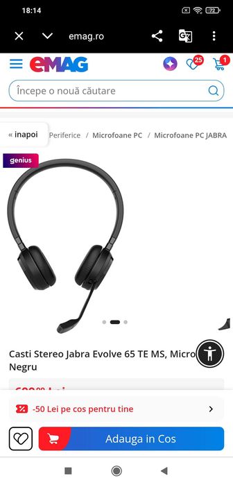 Casti Stereo Jabra Evolve 65 TE MS, Microfon Negru
