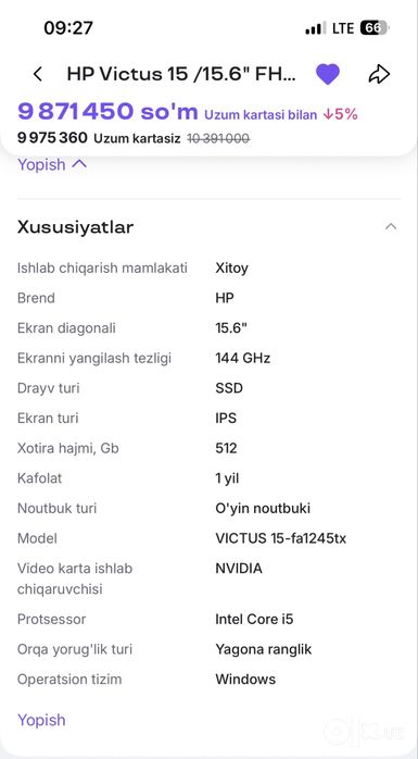 HP Victus 15 (i5-13420H / RTX 3050 / 8GB / 512GB SSD) Holati ideal