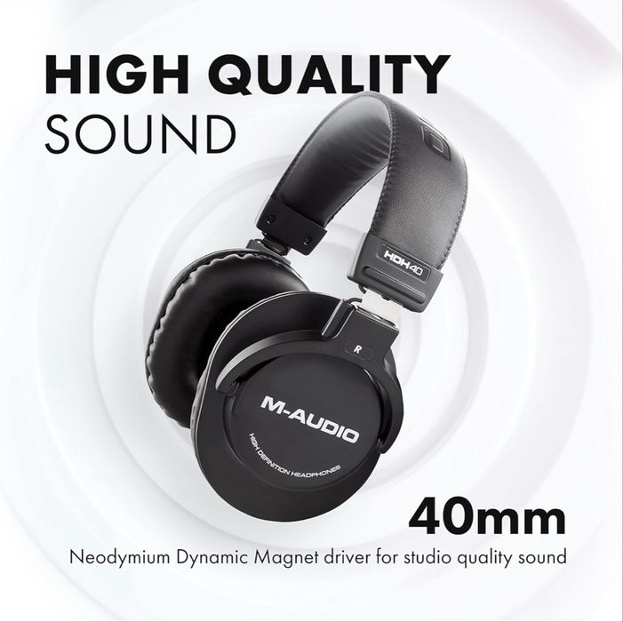 M-AUDIO HDH40 - Căști de studio over-ear cu design închis, bandă flexibilă pentru cap și cablu de 2,7 m pentru monitorizare în studio