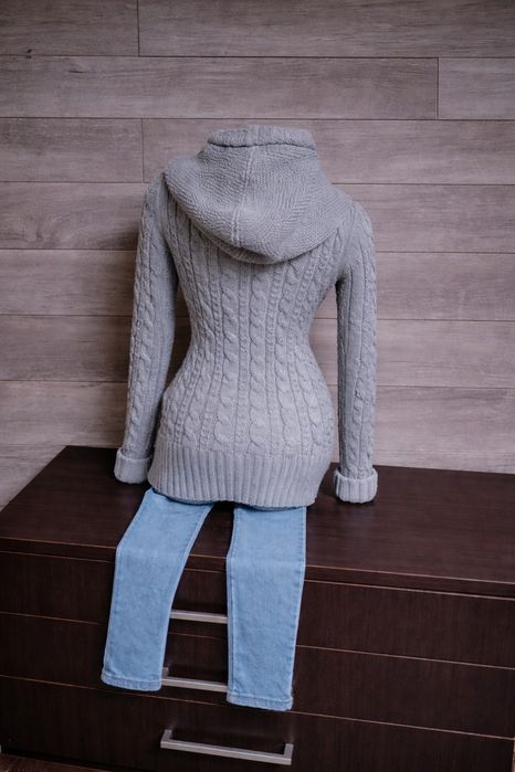 Cardigan lung TALLY WEIJL gri, tricotat, cu glugă, mărimea S