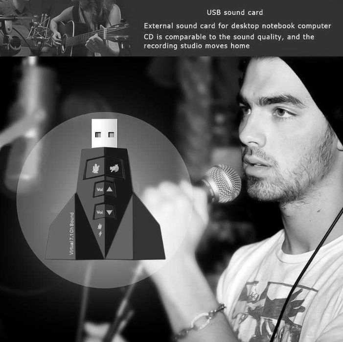 Преносима Звукова Карта Двоен Аудио Адаптер за USB порт 3D Virtual7.1 Канала Външна Музикална Карта за Компютър Лаптоп 3.5mm Жак Вход за 2х Микрофона