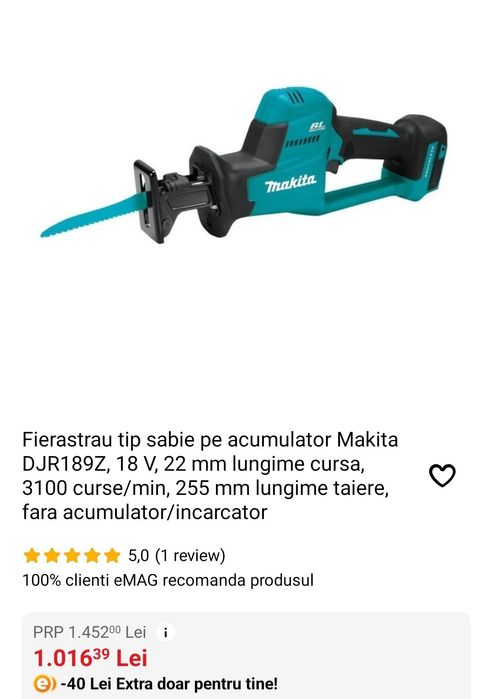 Fierastrau tip sabie pe acumulator Makita DJR189Z, 18 V, 22 mm lungime
