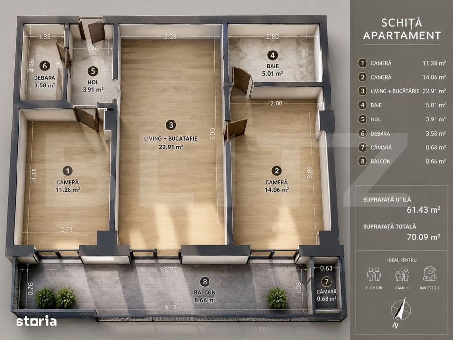Apartament 3 camere, 70 mp total, acces pietonal Vivo