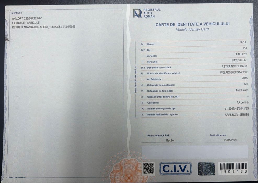 Opel Astra J 2015 Euro 6 RAR efectuat